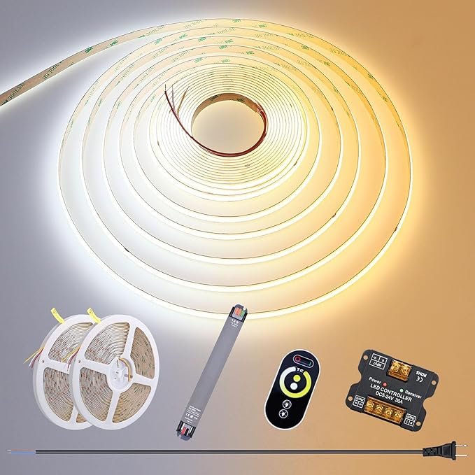 GOMING CCT COB LED Strip 24V 65.6ft/20M(2pcs X 32.8ft) 2700K-6500K Tunable White with 24V 200W Power Supply and Controller 576LEDs/M CRI 93+ Flexible IP20 Not Waterproof LED Tape Lights for Home Decor