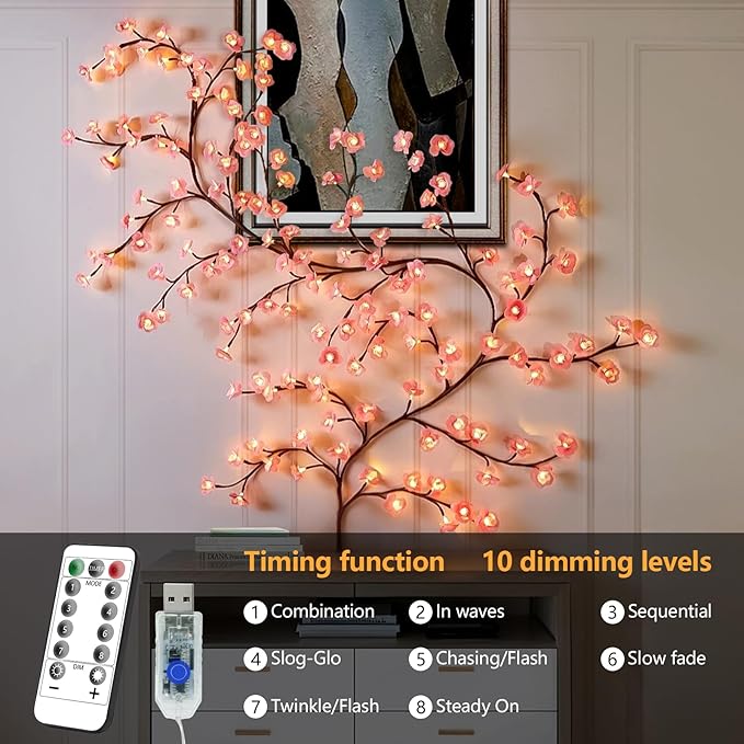Cherry Enchanted Willow Vine Lights, 4FT 48LED Pink Cherry Blossom Tree Branch Lights for Wall, Remote Timer,8 Light Model,Bedroom Wall Doors Wedding, Christmas, USB Battery Box