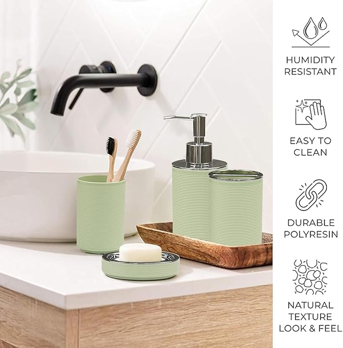CERBIOR Bathroom Accessories Set Bath Ensemble Includes Soap Dispenser, Toothbrush Holder, Toothbrush Cup, Soap Dish for Decorative Countertop and Housewarming Gift (Apple Green)