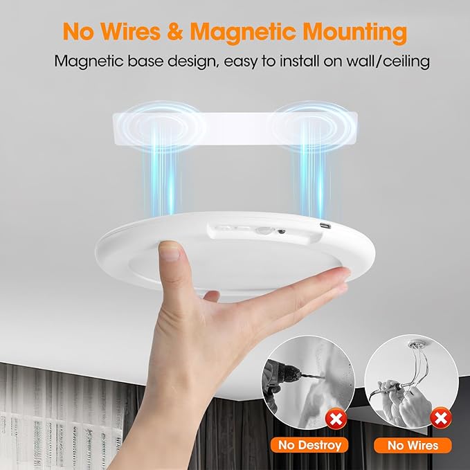 Rechargeable Motion Sensor Ceiling Light with Remote - Magnetic Wireless Ceiling Light Battery Powered for Closet Shower Stairs Shed Hallway ect