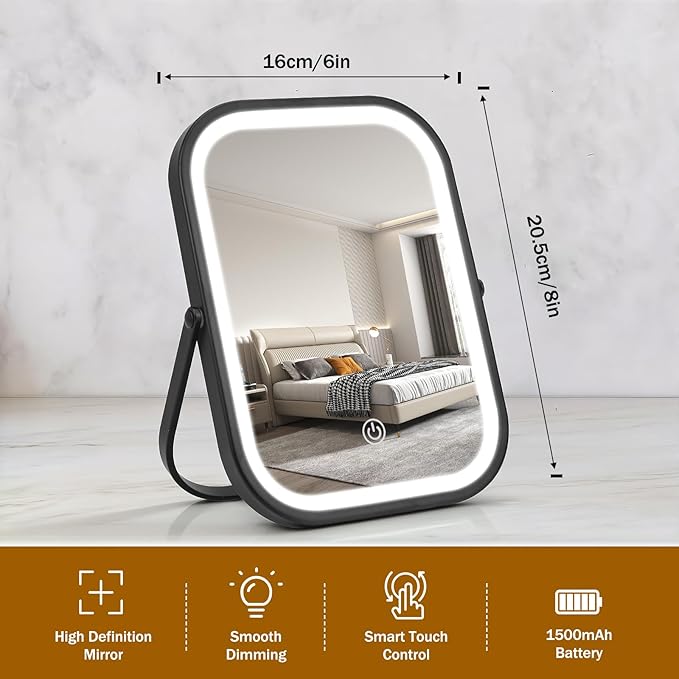 Rechargeable Travel Makeup Mirror, 8"×6" Small Vanity Mirror with Lights, 1500mAH Battery, 3-Color Lighting, Dimmable, 360° Rotation, Portable Desk Mirror with Storage Pouch, Travel Essentials (Black)