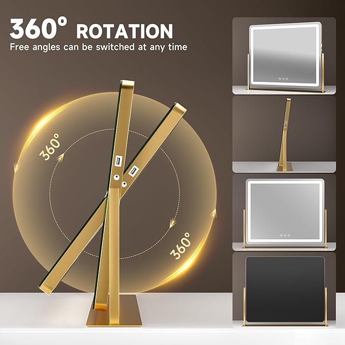 Hasipu Extra Large LED Vanity Mirror 25" x21” - Makeup Mirror with 10X Magnification, Phone Holder, USB Charging & Smart Touch 3-Color Lighting (Gold)