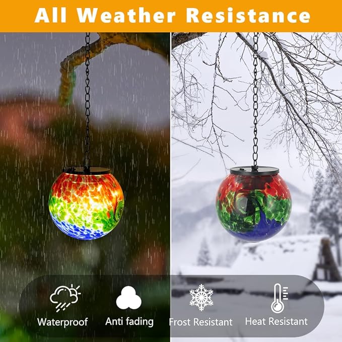 Solar Hanging Lanterns Outdoor, Waterproof Gazing Ball Lights, Hanging Glass Globe Light for Garden Yard Tree Home Xmas Decor,Green Splash-Ink