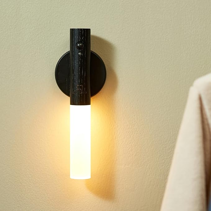 Gingko Smart LED Baton Wall Light, Rechargeable with Motion Sensor, Made from Natural Wood with Magnetised Base (Black)