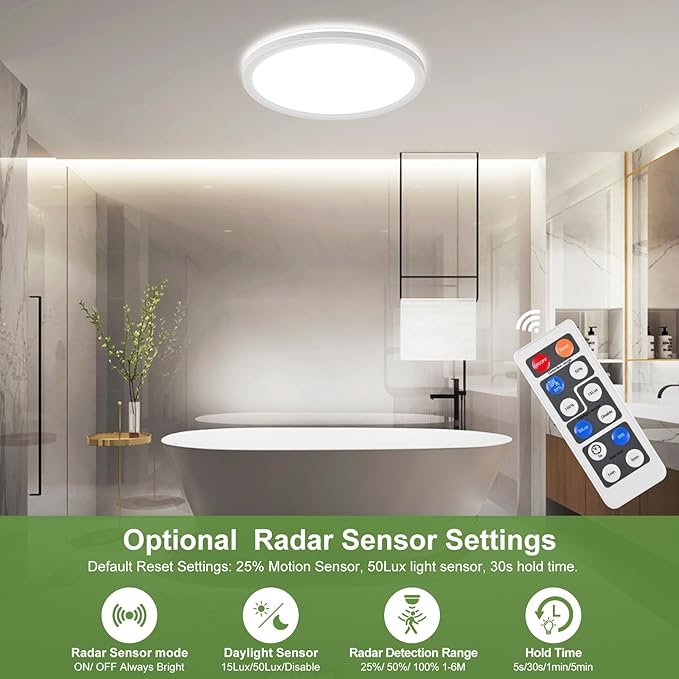 24W Motion Sensor LED Ceiling Light Wired, 2400lm 12Inch 2700K/4000K/6500K IP54 Flush Mount Lighting Fixture with Remote, Radar Motion Activated Ceiling Lamp for Hallway Laundry Porch Stair Closet