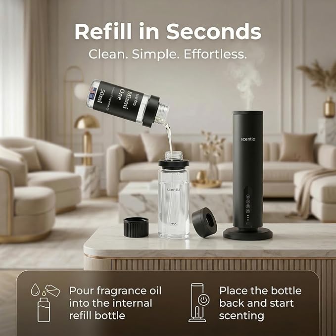 Scentia Wireless Waterless Hotel Scent Diffuser | Includes Premium USA-Made Oil Blend | App Controlled, Cordless | Home, Office, Spa, Aromatherapy | Covers 1500 Sq Ft | 72 Hrs in 1 Charging | Black
