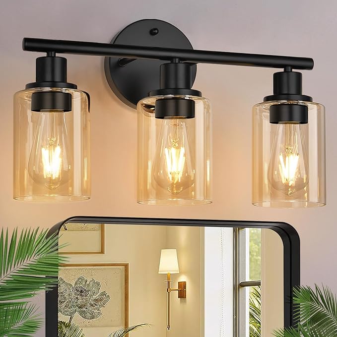 3-Light Bathroom Light Fixtures, Black Modern Vanity Lights with Amber Glass Shades, Bathroom Wall Lamp for Mirror Kitchen Living Room Hallway Cabinet Porch