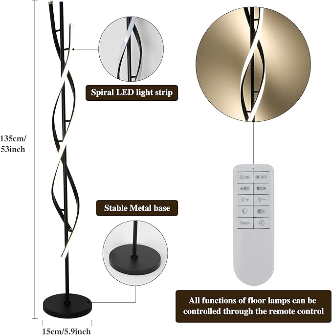 JUTIFAN Modern Spiral Floor Lamp for Living Room, 30W Dimmable Led Corner Floor Lamp with Remote Control, 53 Inch Black Floor Lamps 3 Color Tall Corner Reading Lamp Standing Floor Lamps for Bedroom