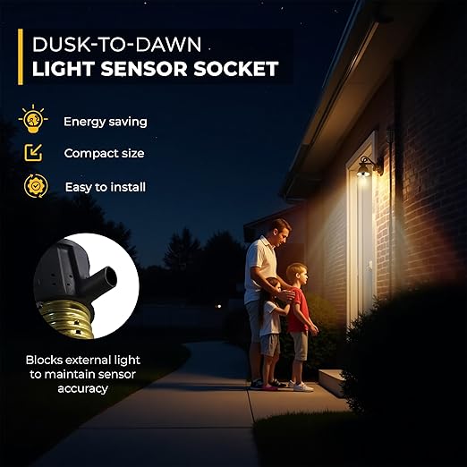 Touch & Glow - Dusk-to-Dawn Photocell Light Control - Automatic Light Sensor Socket - Outdoor Bulb Socket - Energy Efficient - Day Night Light Sensor for Driveway, Patio, Lawn (Black)