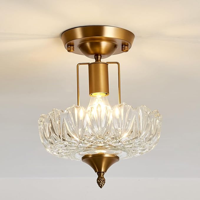 UOFUS Vintage Gold Semi Flush Mount Ceiling Light Fixture with Clear Glass Shade Antique Brass Small Chandelier Flower Close to Ceiling Light for Hallway Entryway Bedroom Porch Foyer Corridor Kitchen