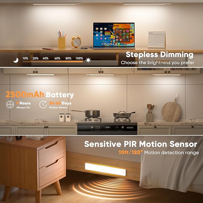 13inch Under Cabinet Lighting, 2500mAh Motion Sensor Light Indoor, USB Rechargeable Battery Operated Closet Light, Dimmable LED Cabinet Lights, Under Counter Light for Kitchen (2-Pack)