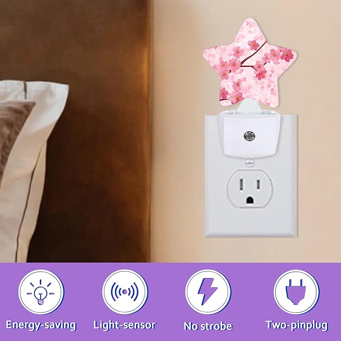 Energy Efficient Nightlights Plug in Wall, Pink Flowers Night Light for Kids Bedroom Decorative, Spring Floral Dusk-to-Dawn Sensor Sleep Friendly Lamp for Nursery Bathroom Basement