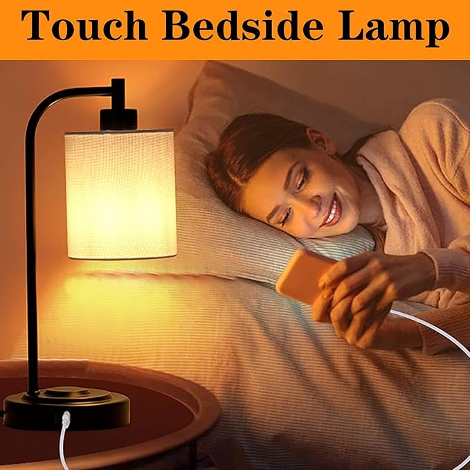 Industrial Style Touch Control Table Lamp - Dual USB A+C Ports Charging Bedside Light, Adjustable Brightness Metal Base Lamp for Bedroom, Office, Living Room Nightstand (Fabric lampshade)