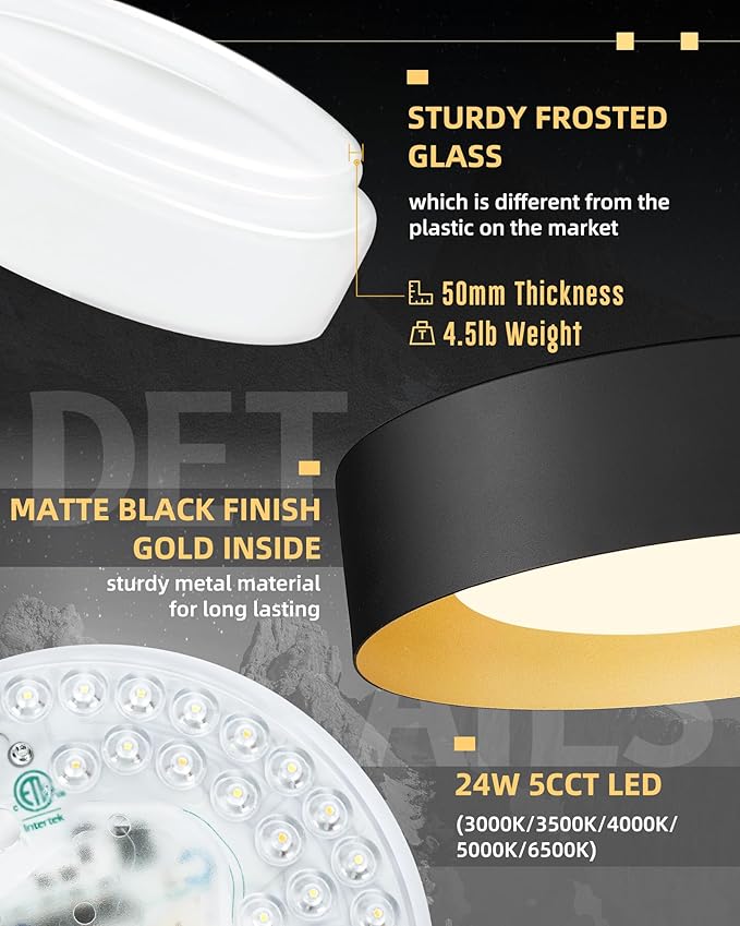 AUTELO 16" Black Ceiling Light, LED 5CCT Ceiling Light Flush Mount with Frosted Glass in Black Finish, Light Fixtures Ceiling Mount for Bedroom, C3336-40 BKLED