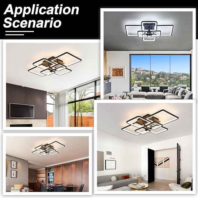 Modern LED Ceiling Light,6 Square Acrylic Black Modern Lighting Fixture Ceiling Lights for Living Room,Dimmable Lamp with Remote for Dining Room, Flush Mount Bedroom Light Fixture