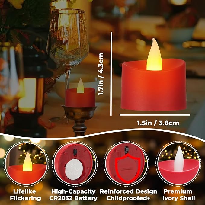 Realistic Flameless LED Tea Lights - 24 Pack Premium LED Tea Lights for Christmas Mantel, Valentine's Dinner & Wedding Centerpieces (Red Base, 24 Pack)