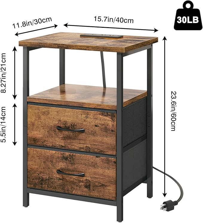 Fixwal Night Stand with Charger Station, Nightstand with Charging Station & Fabric Drawers，Rustic Brown