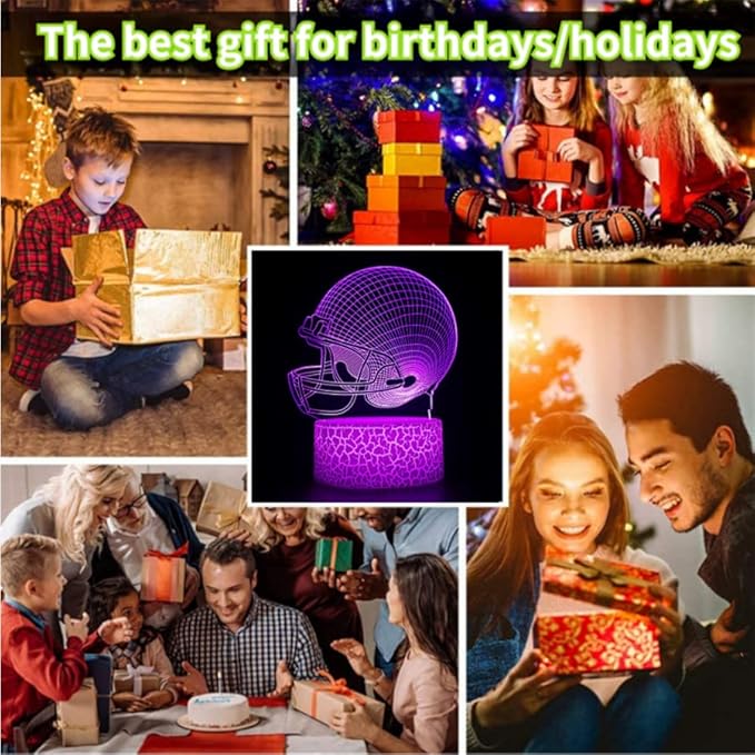 3D Night Light - Football 4 Patterns Hologram Lamp, Dimmable Remote/Smart Touch, 16 Color Changing LED, Room Decor Bedside Desk Lamp, Gift for Football Fans