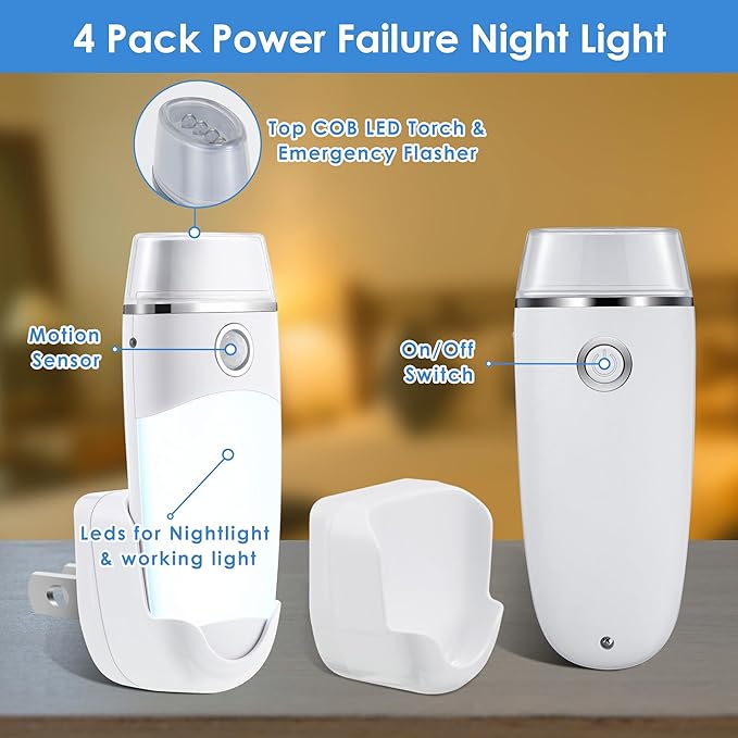 Enhon 4 Pack 4 in 1 LED Rechargeable Plug in Flashlights, LED Emergency Lights Plug in Power Outage Light with Motion Detection for Stairs, Hallway