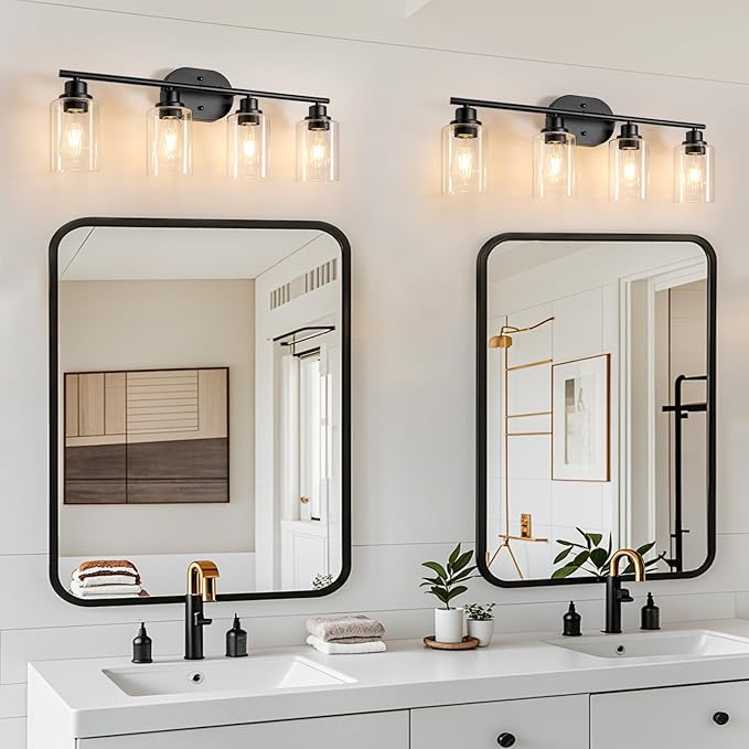 Ascher 4-Light Bathroom Light Fixtures, Modern Vanity Lights with Clear Glass Shade, Matte Black Wall Lamp for Bathroom Mirror Hallway Cabinet Porch