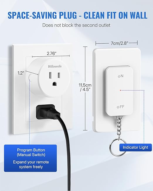 Remote Control Outlet Wireless Wall Mounted Light Switch, Wireless On Off Remote Outlet Switch with Magnetic Base, 100ft RF Range, 15A/1875W, Two Switches for One 0utlet W09RC2106