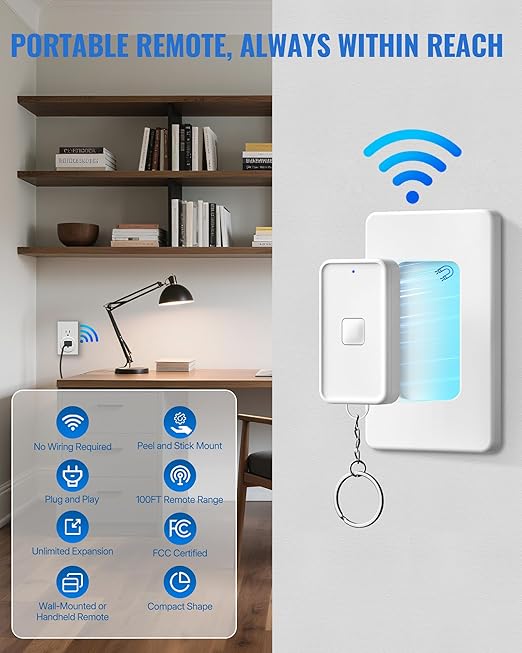 Remote Control Outlet Wireless Wall Switch, Wireless On Off Remote Switch Outlet with Magnetic Base for Light, Lamp, 100ft RF Range, 10A/1250W, Two Switches for One 0utlet W14RC2106