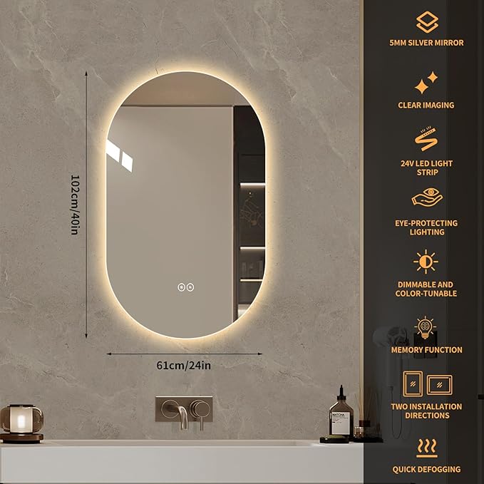 LAIYA 24V Full-Power Oval LED Bathroom Vanity Mirror, 40X24inch Frameless Backlit Mirror with Light, Smart Anti-Fog Waterproof Mirror with Memory Function Dimmable Lighted Mirror