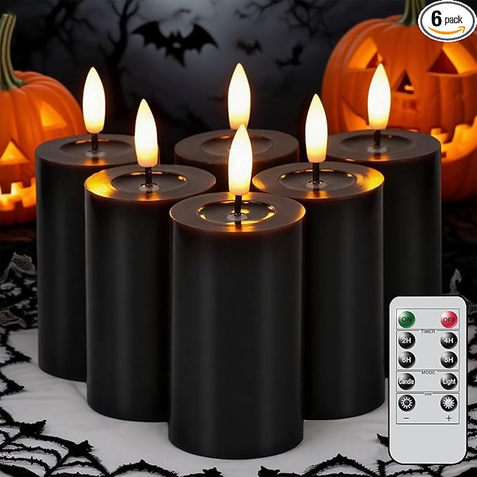 Halloween Decorations Mirror Surface Candles with Remote Timer, Battery Operated 6pcs Real Wax LED Votive Candle Realistic Flickering for for Halloween Decor Lantern Φ 2" H 4.5” Black