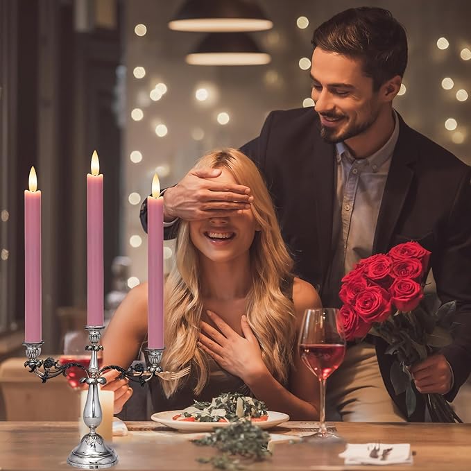 Pink Flameless Taper Candles with Remote, Real Wax Battery Operated LED Candles with 3D Flickering Flame, 9.6" Realistic Dripless Candlesticks for Valentine's Day Decor, Proposal Wedding, 3 Pack