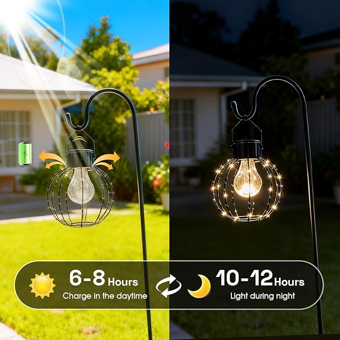 Hanging Solar Lantern Outdoor, 8.19" Large Solar Pendant Lights Outdoor Waterproof with Warm White Bulb&String LED Inside, Decor for Patio, Garden, Yard, Pergola, Christmas, Camping, 2 Pack Gift Set