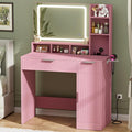 Cyclysio Fluted Vanity Desk with Mirror and Lights, Wood Makeup Vanity Desk with Power Strips, Modern Dressing Table with Drawers & Cabinet for Bedroom, Pink