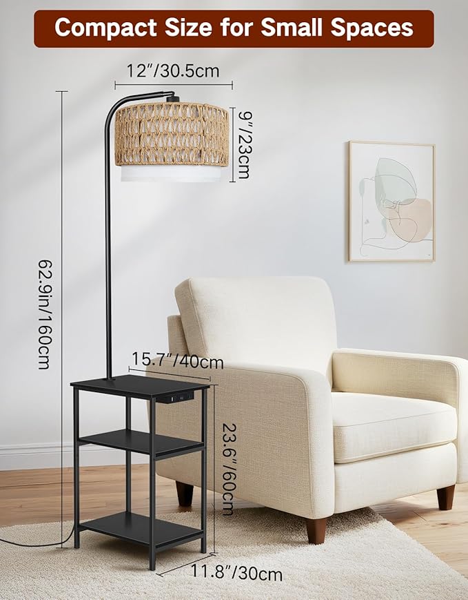 Floor Lamp with Table & Rattan Shade, Side End Table with Charging Station, Dimmable Nightstand with 3 Color Temperatures, 1-Hour Timer, 12W LED Bulb, for Living Room, Bedroom(Black)