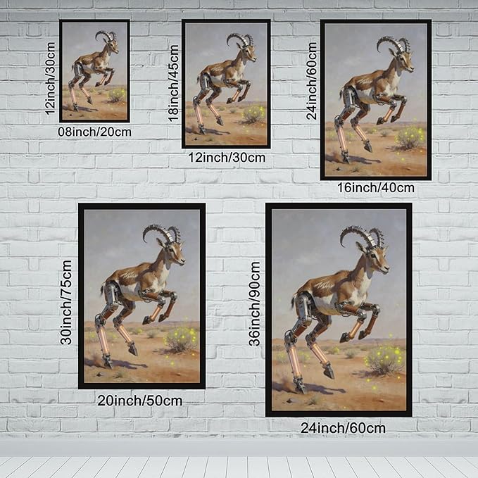 Framed Steampunk Mechanical Antelope Wall Art - Desert Futuristic Poster for Loft Living Room Decor 20x30in