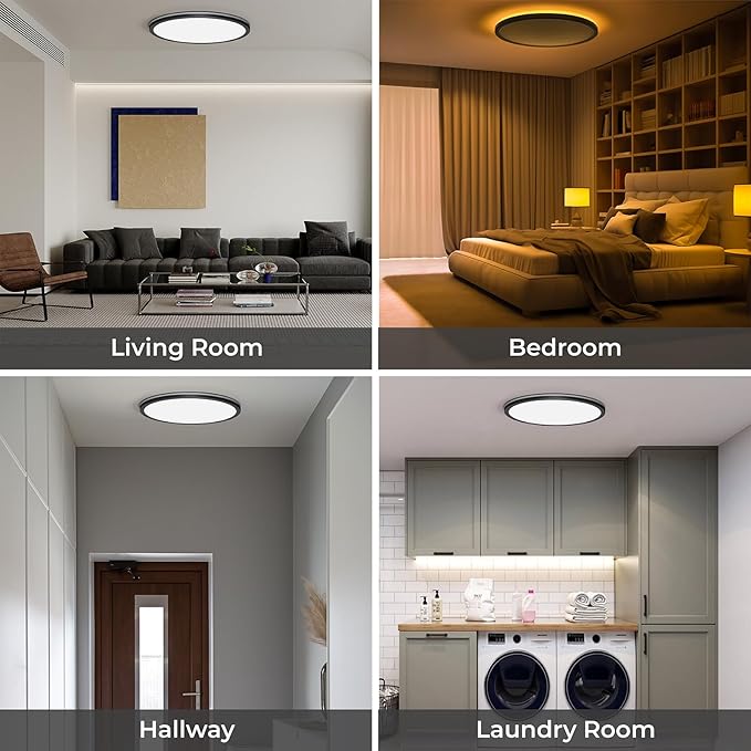 Matane 2Pack 12in LED Flush Mount Ceiling Light Fixture with Remote Control, Nightlight 2000K Warm, 3000K-6500K Adjustable, Low Profile Ceiling Lights for Bedroom, Kitchen, Living Room, Black