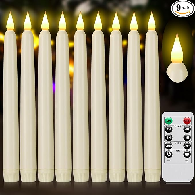 Flameless Taper Candles with Remote Control and Timer, Battery Operated LED Candlesticks with Flickering 3D Flame, 9.6 Inches Plastic Fake Candles for Christmas, Wedding and Home Decor (Ivory, 9)