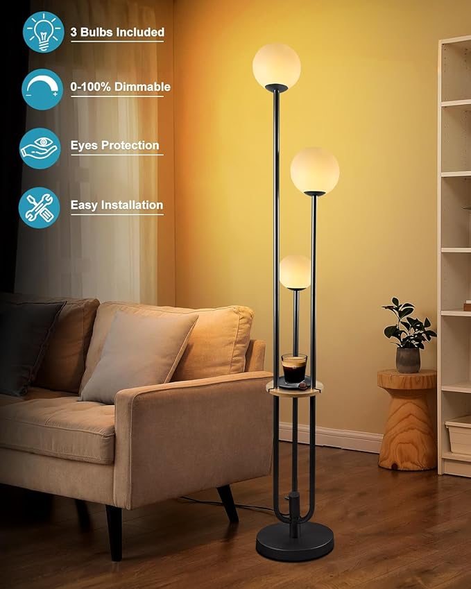 Lightdot LED Floor Lamp Dimmable Globe Floor Lamps with Shelf Mid Century Modern Black Standing Lamp Candle Holder Style Soft Eye-Caring for Bedroom Living Room/Bedroom/Sofa Beside/Corner Decor