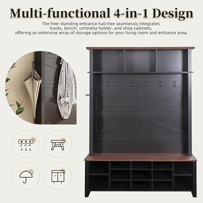Farmhouse 4-in-1 Hall Tree with 6 Hooks, Practical Walnut Entryway Bench with Adjustable Shelves, Wooden Style Rustic Shoe Organizer with 16 Open Compartments for Mudroom, Living Room (Black/8C)