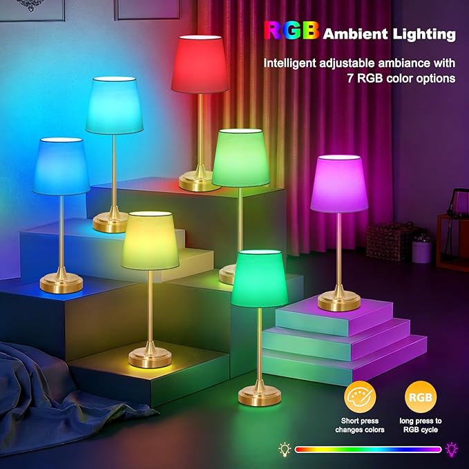 Cordless Table Lamp Rechargeable,5000mAh Battery Operated Desk Lamp,3 Colors & 7 RGB Stepless Dimmable,Touch Control Ambient Light for Bedside,Bedroom,Dining Room,Living Room,Gold,WhiteShade