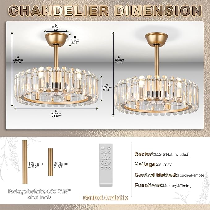 Finktonglan 20" Crystal Fandelier Ceiling Fan with Light, Gold Enclosed Flush Mount Caged Fan, Remote Control Reversible DC Motor, 6×E12 Sockets, Timer for Dining Room Living Room Kitchen Bedroom