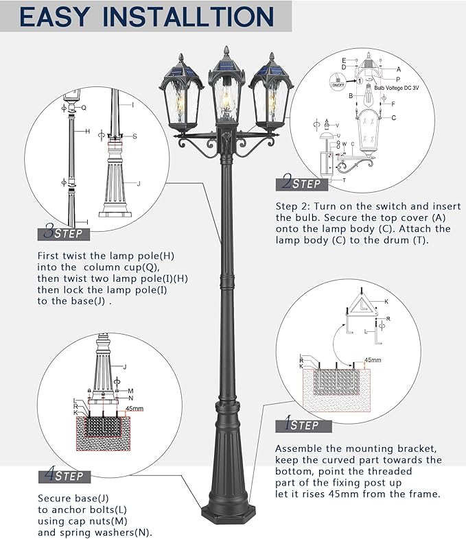 FEMILA 3-Light Solar Outdoor Pole Lights, 85.4" Aluminum Glass Lamp Posts Outdoor Lighting, Dusk to Dawn Solar Street Light with Remote Control for Yard Garden Driveway, 4FYX95PL-3 SL BK