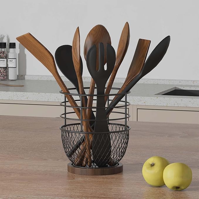 SODSAI 360° Rotating Utensil Holder with Premium Wooden Base, Large Iron Kitchen Organizer for Countertop, Farmhouse & Modern Style Kitchen Storage Basket