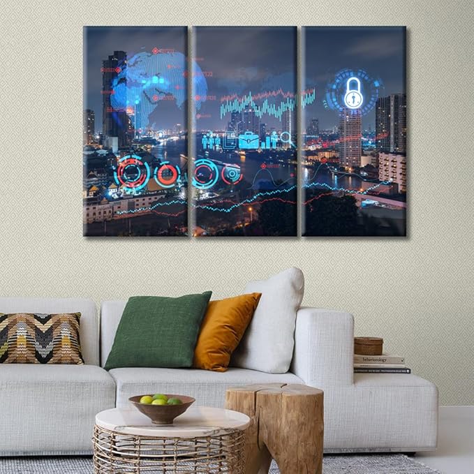 TUMOVO Smart City and Information Technology Abstract Canvas Wall Art 3 Panel Hologram Pictures Wall Decor for Bedroom Print on Canvas Framed Ready to Hang (42" Wx28 H)