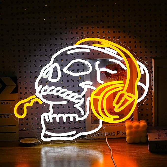 Skull Headphone Neon Sign Headphone Neon Light for Wall Decor LED Dimmable USB Skull Light Up Sign for Boys Gaming Room Bedroom Man Cave Gifts for Men Neon Lamp Game Room Accessories Personalized Gift
