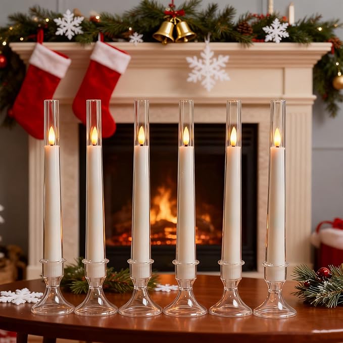 Lezonic Flameless Windows Candles Battery Operated with Timer Remote, 6Pcs White Acrylic Flameless Candlesticks with Holders, LED Taper Candles Flickering for Halloween Christmas, 0.8 x 8 inches