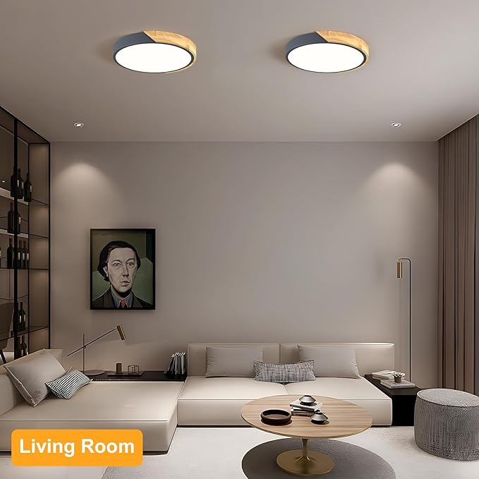 Vikaey Modern LED Ceiling Light, Minimalist Wood Flush Mount Ceiling Light Fixture, 4000K Not Dimmable, Circle Lighting Lamp with Acrylic Lampshade for Bedroom Dining Room Laundry (Grey, 11.8'')