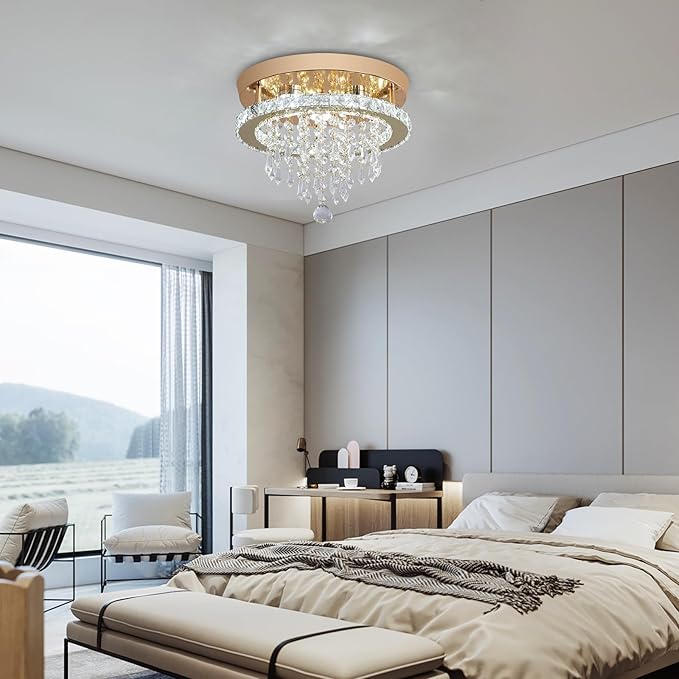 Deckrico Modern Gold Crystal Chandelier 11.8" LED Ceiling Light, Flush Mount Lighting Fixture for Bedroom, Hallway, Kitchen, Dining Room – Cool White