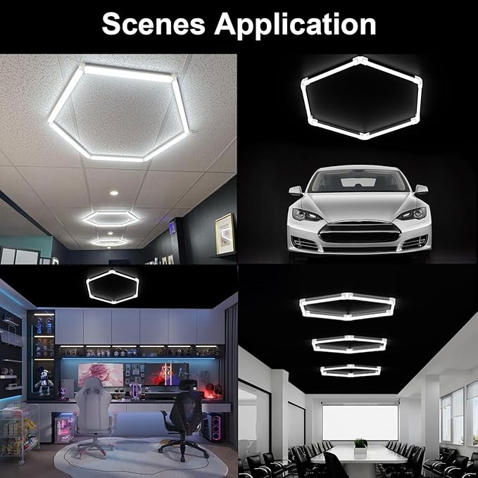 Garage Hexagon Lights, 24W 24V 6500K Higher Brightness Hex Garage Lights, Plug and Play, Lightweight DIY Assembly Hexagonal Light for Car Detailing Auto Beauty Shop Decor（with Remote Control）