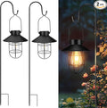 pearlstar 2 Pack Solar Lights Outdoor, Hanging Solar Lanterns with Edison Bulb and 2 x 32 Inch Shepherd Hooks, Waterproof Landscape Lighting for Garden Patio Yard Pathway Driveway Lawn (Black)
