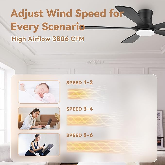 52"Wood Smart Flush Mount Ceiling Fans with Lights Remote,Control via WIFI Alexa Google App,6 Speed,Quiet DC Motor,Modern Black Outdoor Indoor Low Profile Ceiling Fan for Bedroom Patio Porch