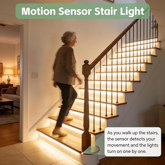 Indoor Motion Sensor Stair Light Wired Staircase Lighting with COB LED Light Strip Under Stair Cascading Running Stairwell Step Light for up to 20 Steps